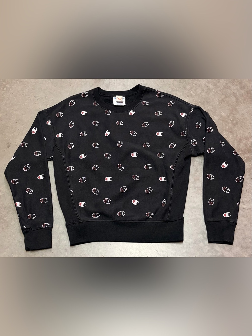 Champion Black Crewneck Sweatshirt with All Over Print AOP Logo Medium
